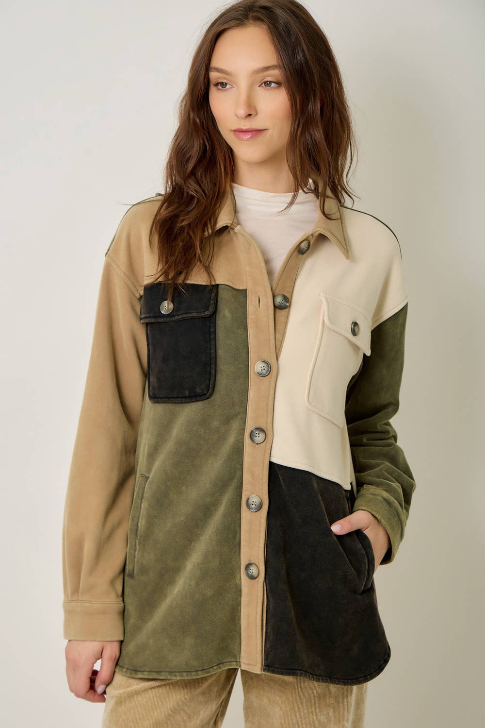 Olive Color Block Washed Shacket