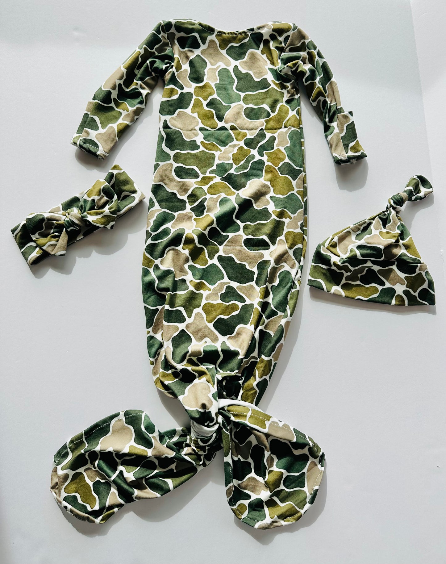 Theo Camo Sleep Sack Tie Bottom With Head Wrap And Bow RTS