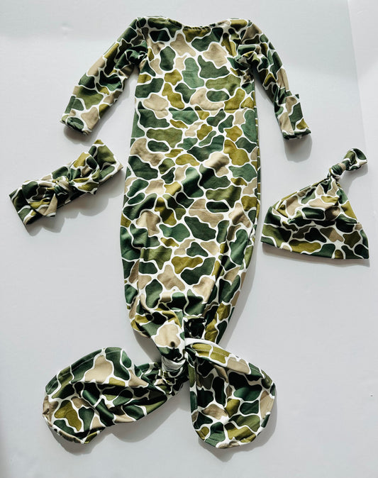 Theo Camo Sleep Sack Tie Bottom With Head Wrap And Bow RTS