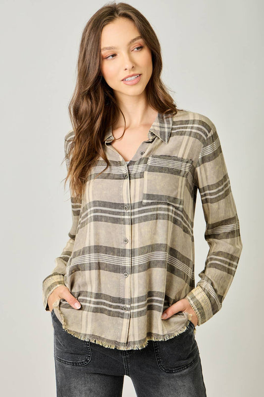Clouded Sky Stone Washed Plaid Button Down