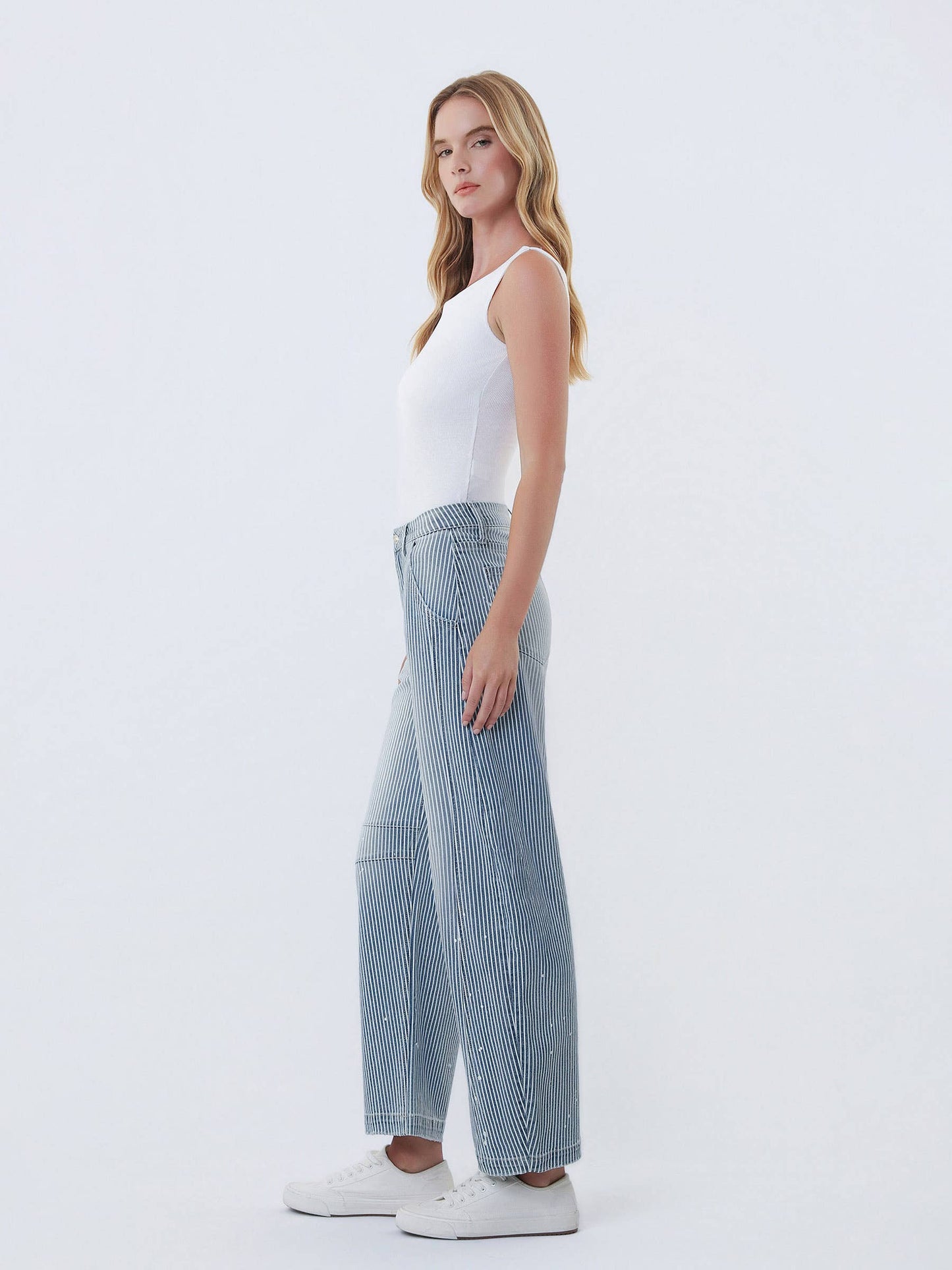 Harlow High-Rise Stripe Barrel w/ Paint Splashed Denim