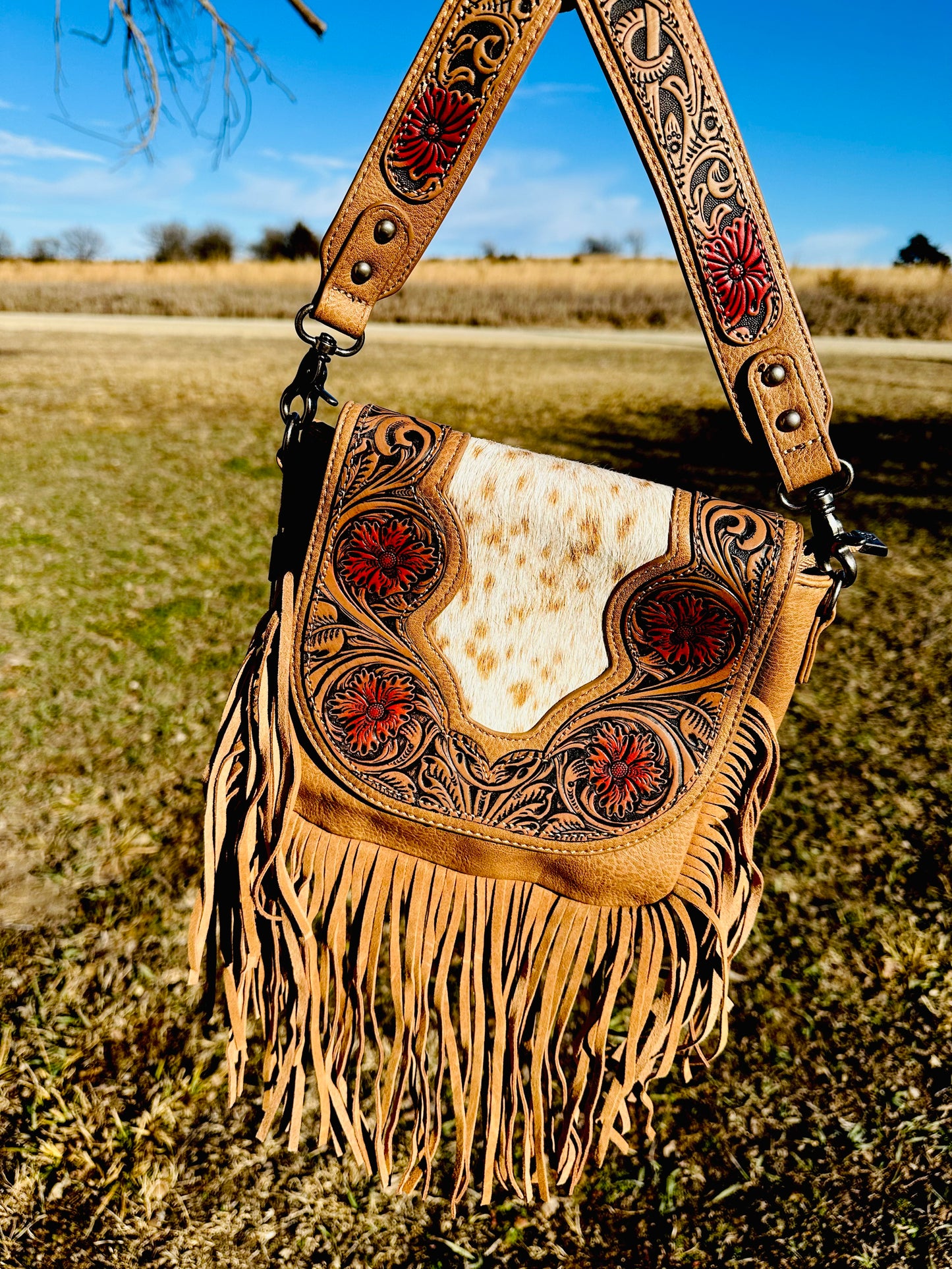 Genuine Leather Fringe Crossbody - Tan