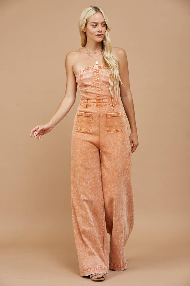 Boho Stone Wash Wide Leg Denim Jumpsuit