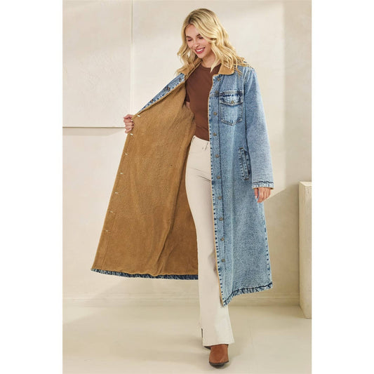 Walkin’ After Midnight Teddy Lined Long Denim Jacket