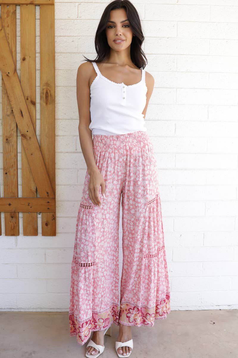Debbie Lace Trim Wide Leg Floral Pants W Smocked Waist