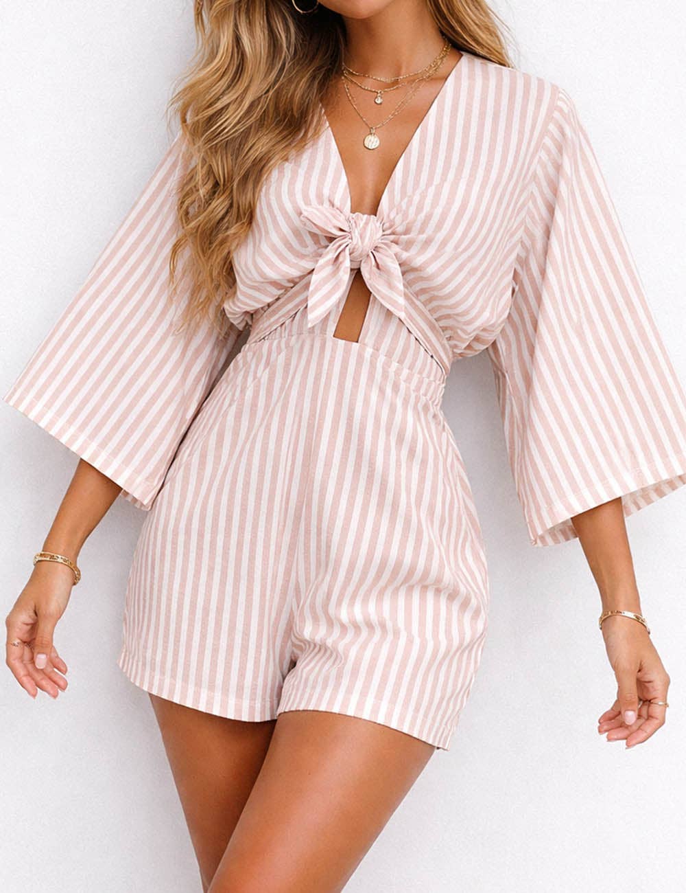 Striped V-Neck Tie The Knot 3/4 Sleeve Romper
