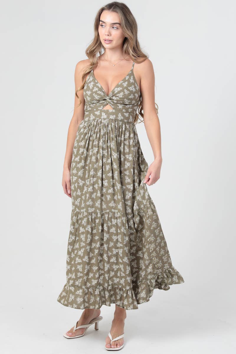 Floral Sage Twist Front Maxi Dress