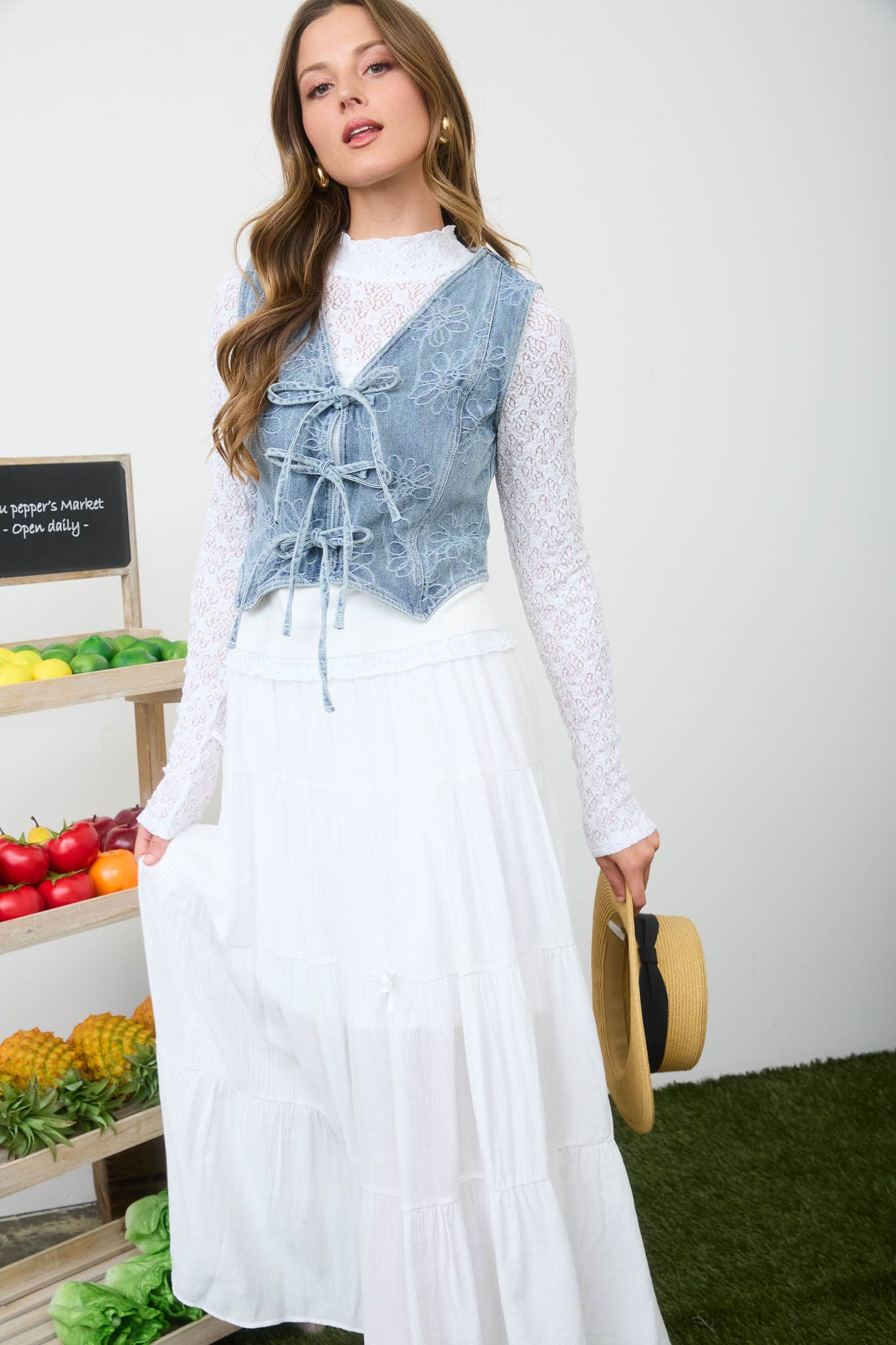 Raeann Floral Washed Denim Tie Front Vest