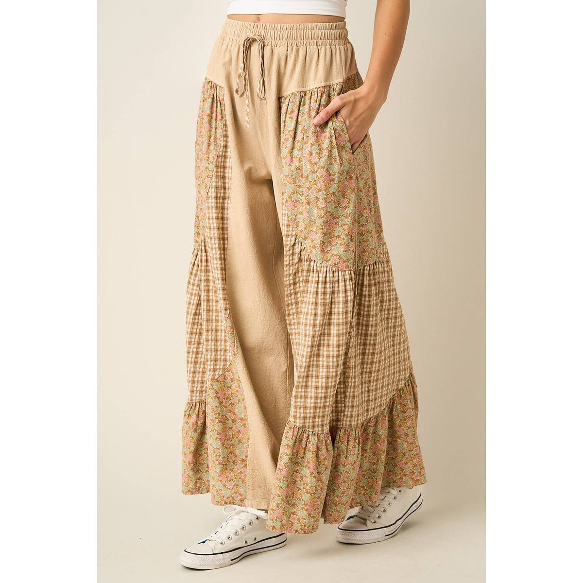 Ashlyn Patchwork Mixed Media Wide Leg Pant
