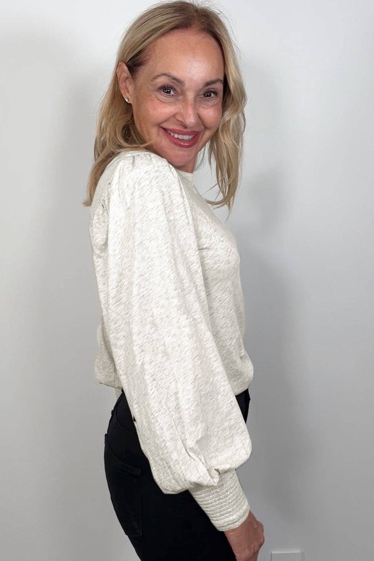 Oatmeal Shirred Cuff + Puff Sleeve Peasant Top