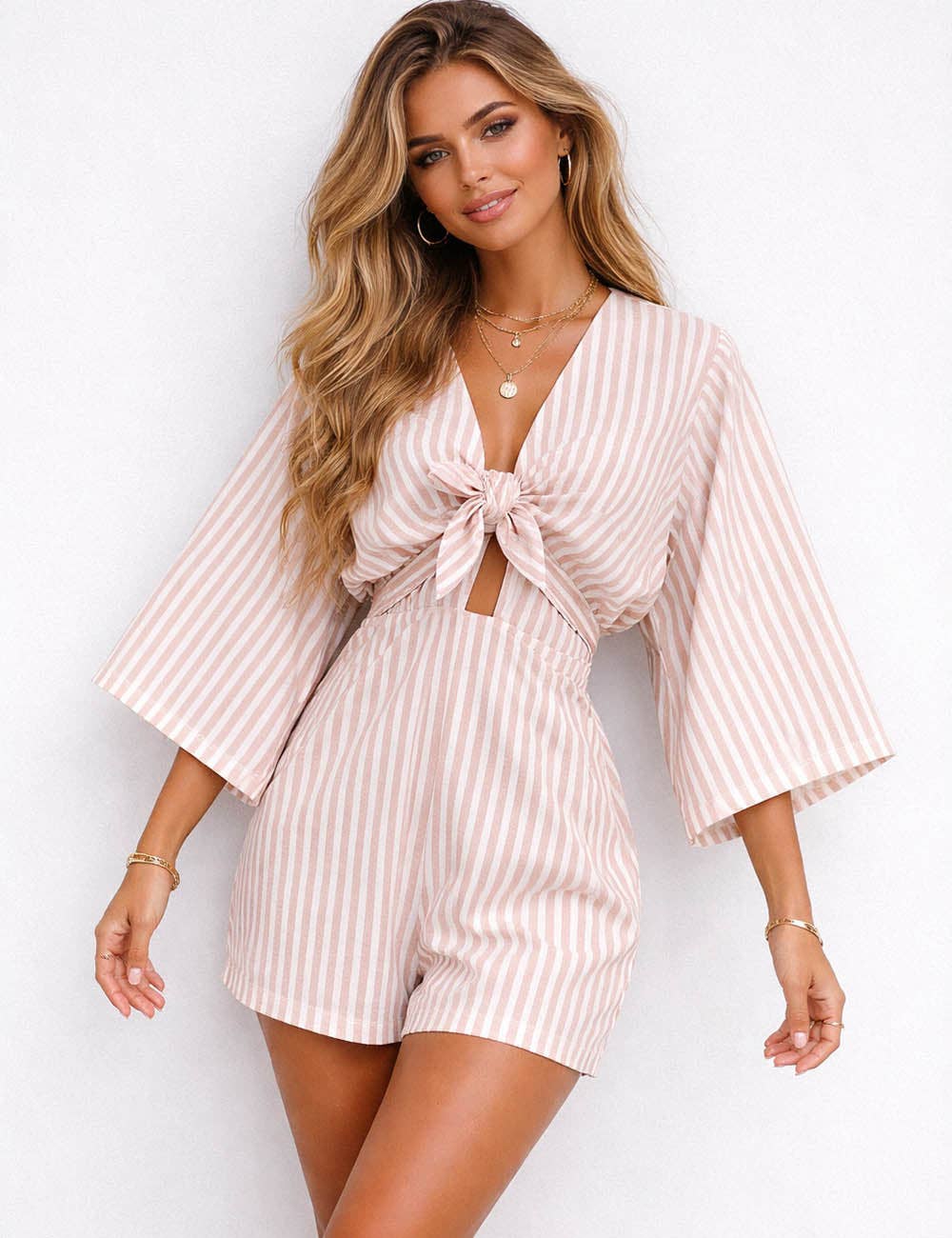 Striped V-Neck Tie The Knot 3/4 Sleeve Romper
