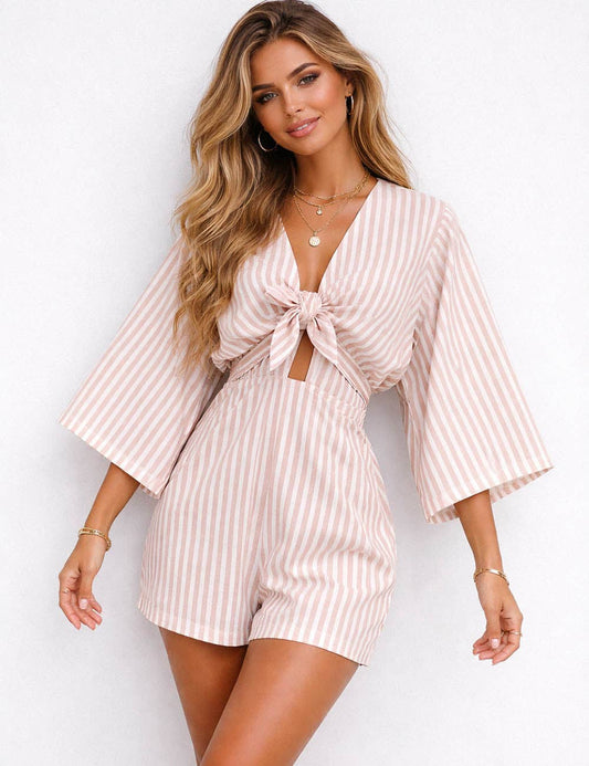 Striped V-Neck Tie The Knot 3/4 Sleeve Romper