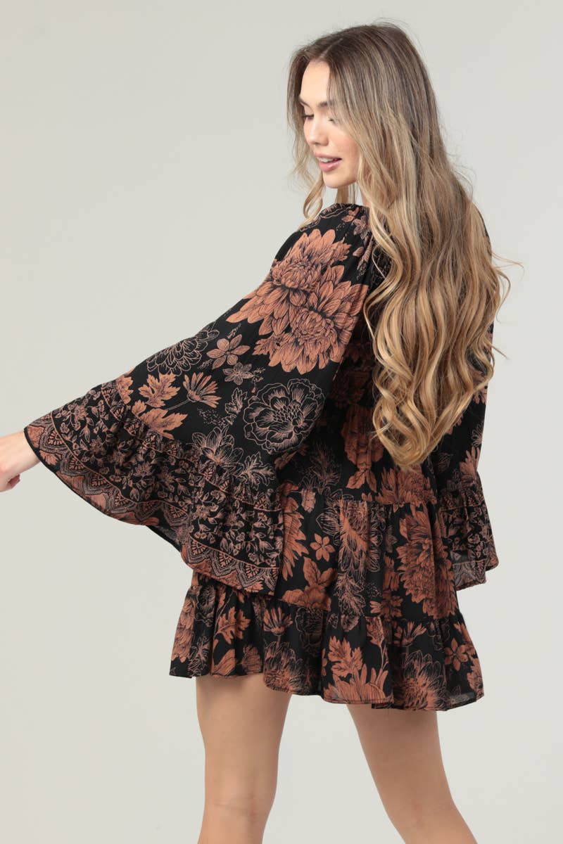 River Smocked Waist Bell Sleeve Mini Dress