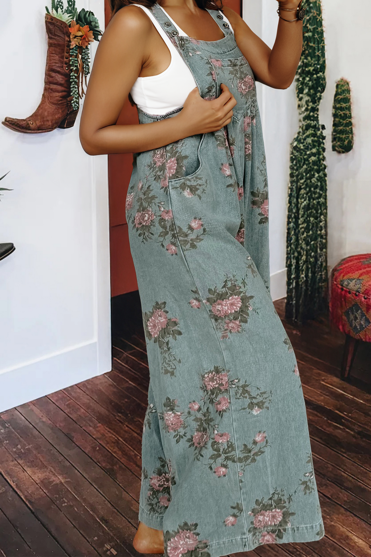 Christy Floral Pleated Wide Leg Denim Jumpsuit
