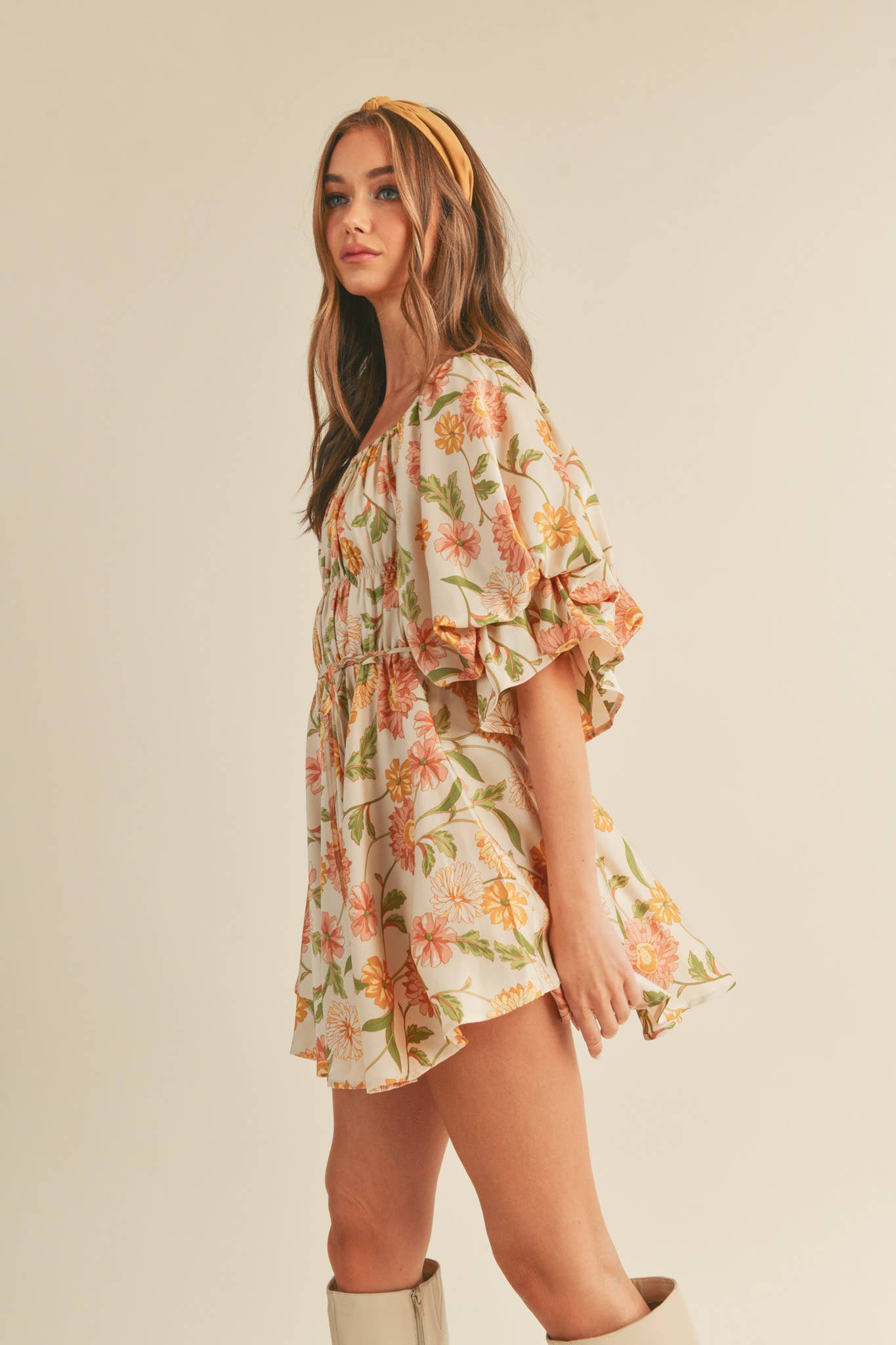 Eleighny Exclusive Satin Vintage Floral Bubble Sleeve Mini Dress