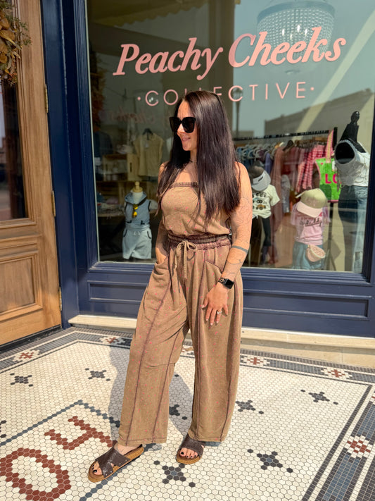 Mocha Floral Mineral Wash Contrast Stitch Barrel Leg Jumpsuit