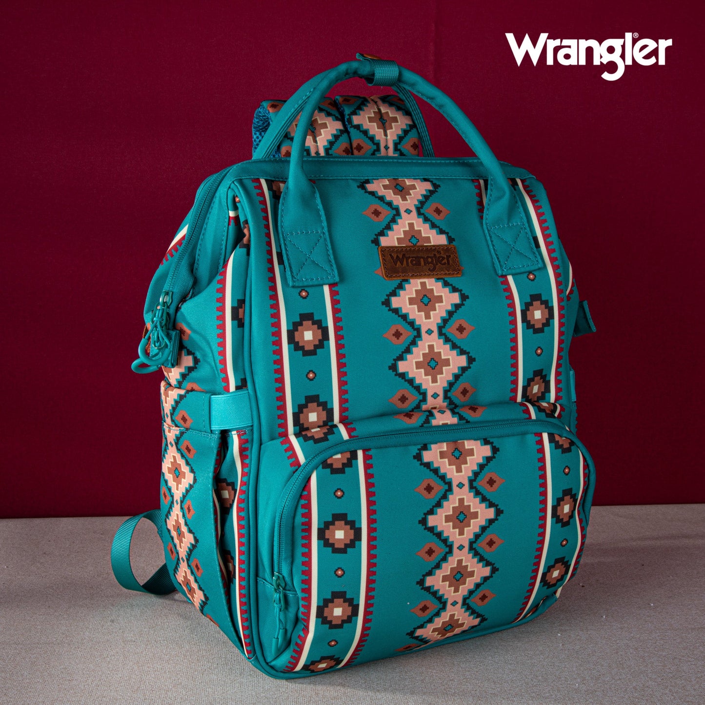 Aztec Teal Wrangler Bag / Diaper Bag - Camel Interior