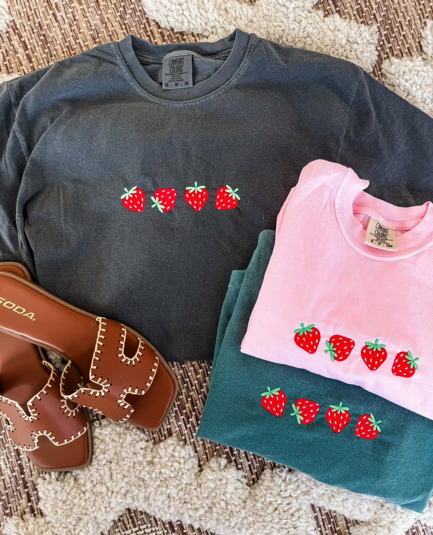 Strawberry Patch Embroidered Pink Tee