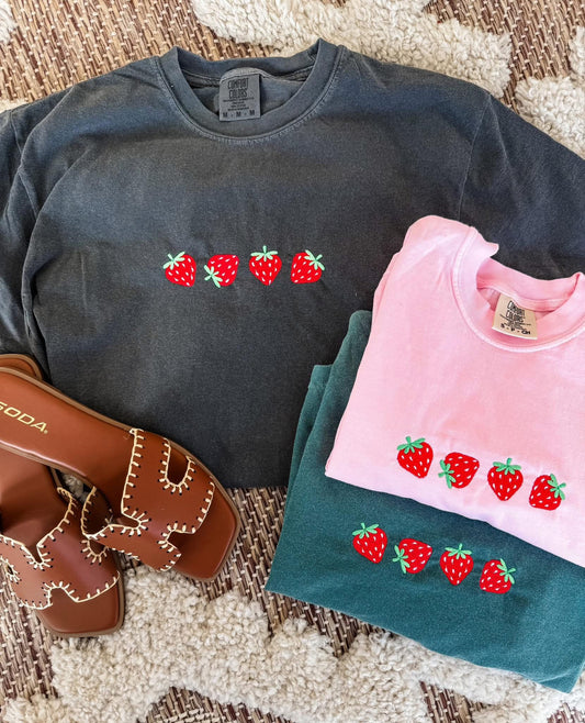Strawberry Patch Embroidered Pink Tee