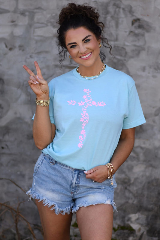 Neon Pink Floral Cross Tee RTS