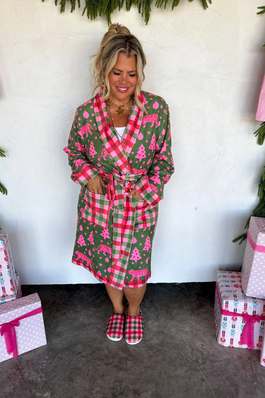 Pink Christmas Plaid Slippers PREO