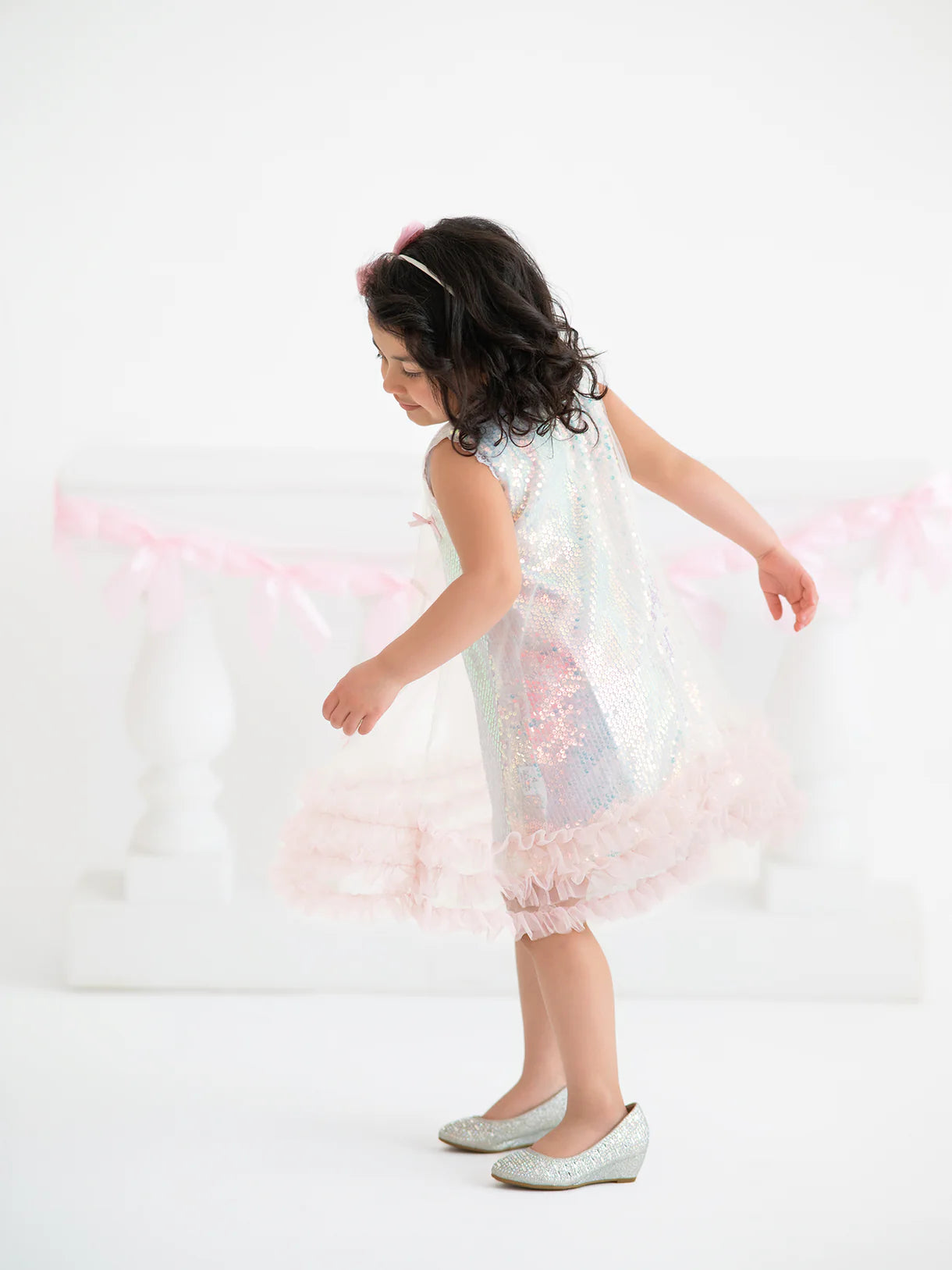 Iridescent Sequin Bow Ruffle Tulle Dress