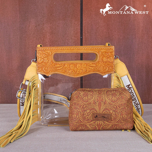 Montana Tooled Leather Clear Stadium Crossbody + Wallet - Mustard