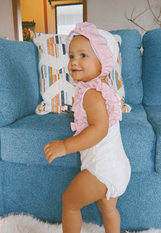 Mabel Vintage Lace Swimmie + Bonnet RTS!