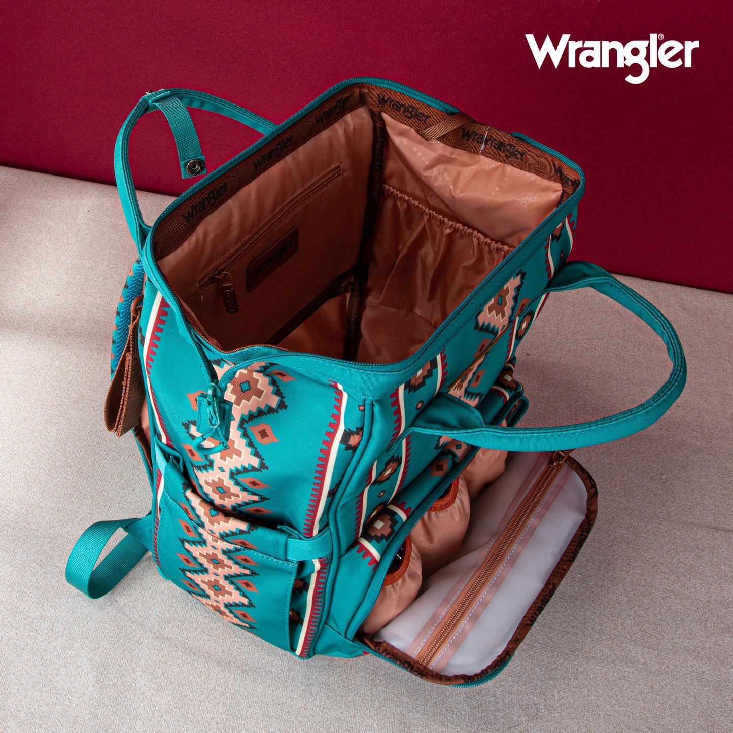 Aztec Teal Wrangler Bag / Diaper Bag - Camel Interior