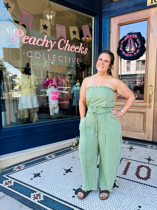 Forest Mineral Wash Contrast Stitch Barrel Leg Jumpsuit