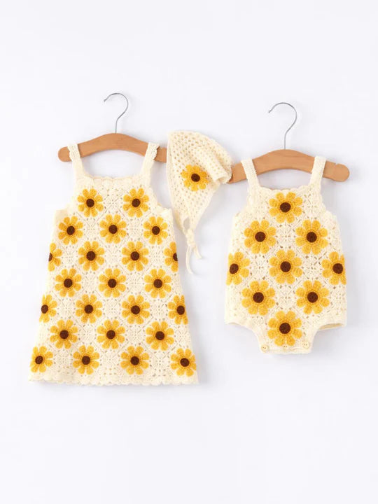 Girls Sunflower Crochet Dress + Headscarf RTS