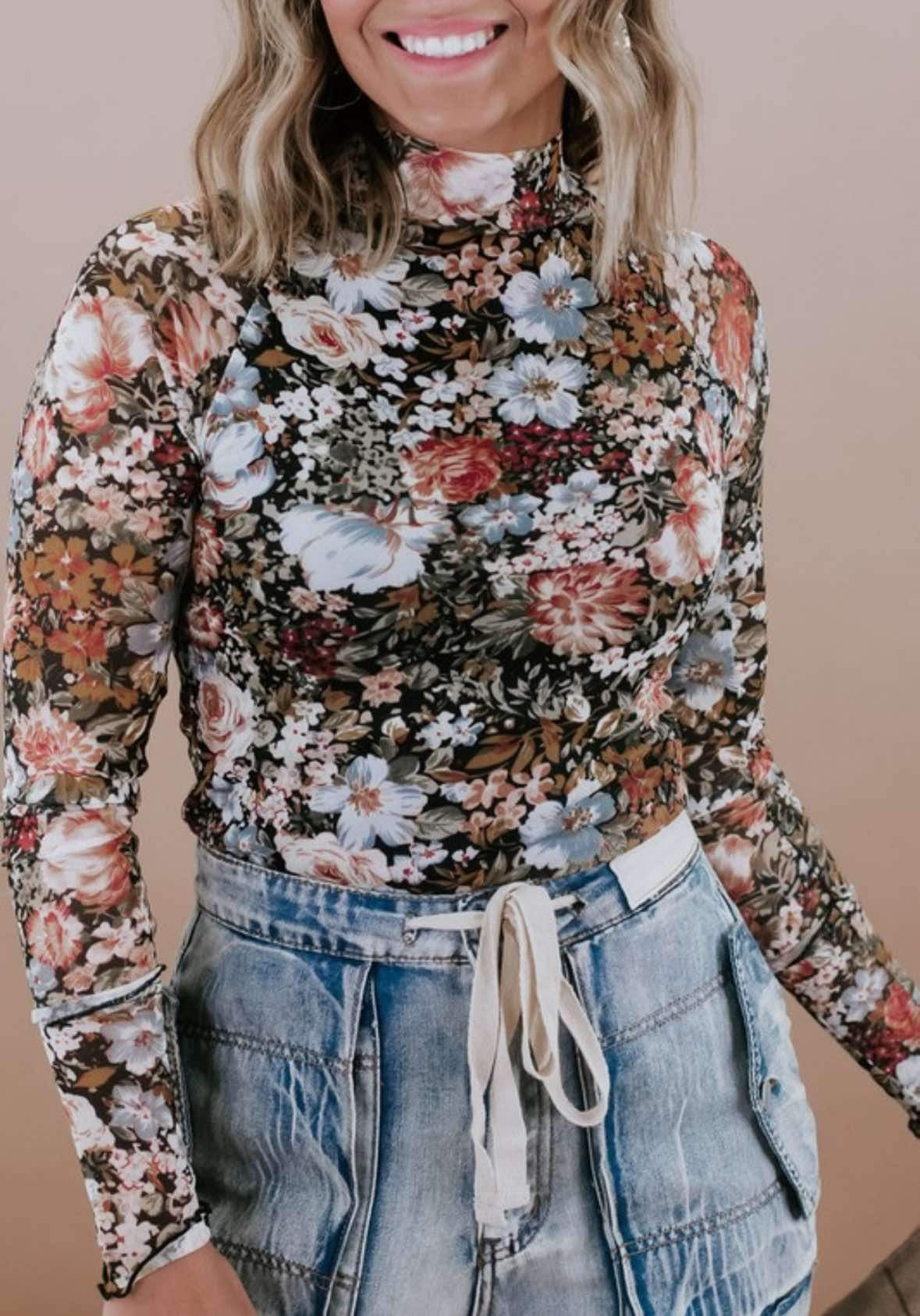 Fall Floral Lace Mesh Top