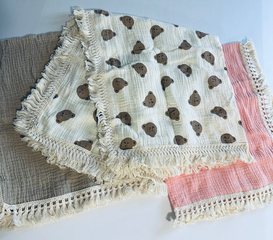 Bubblegum Muslin Swaddle Blanket With Boho Trim RTS