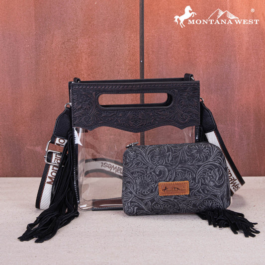 Montana Tooled Leather Clear Stadium Crossbody + Wallet - Black