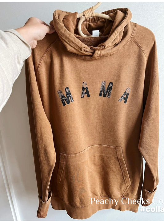 Distressed Mama on Rich Camel Hoodie PreOm