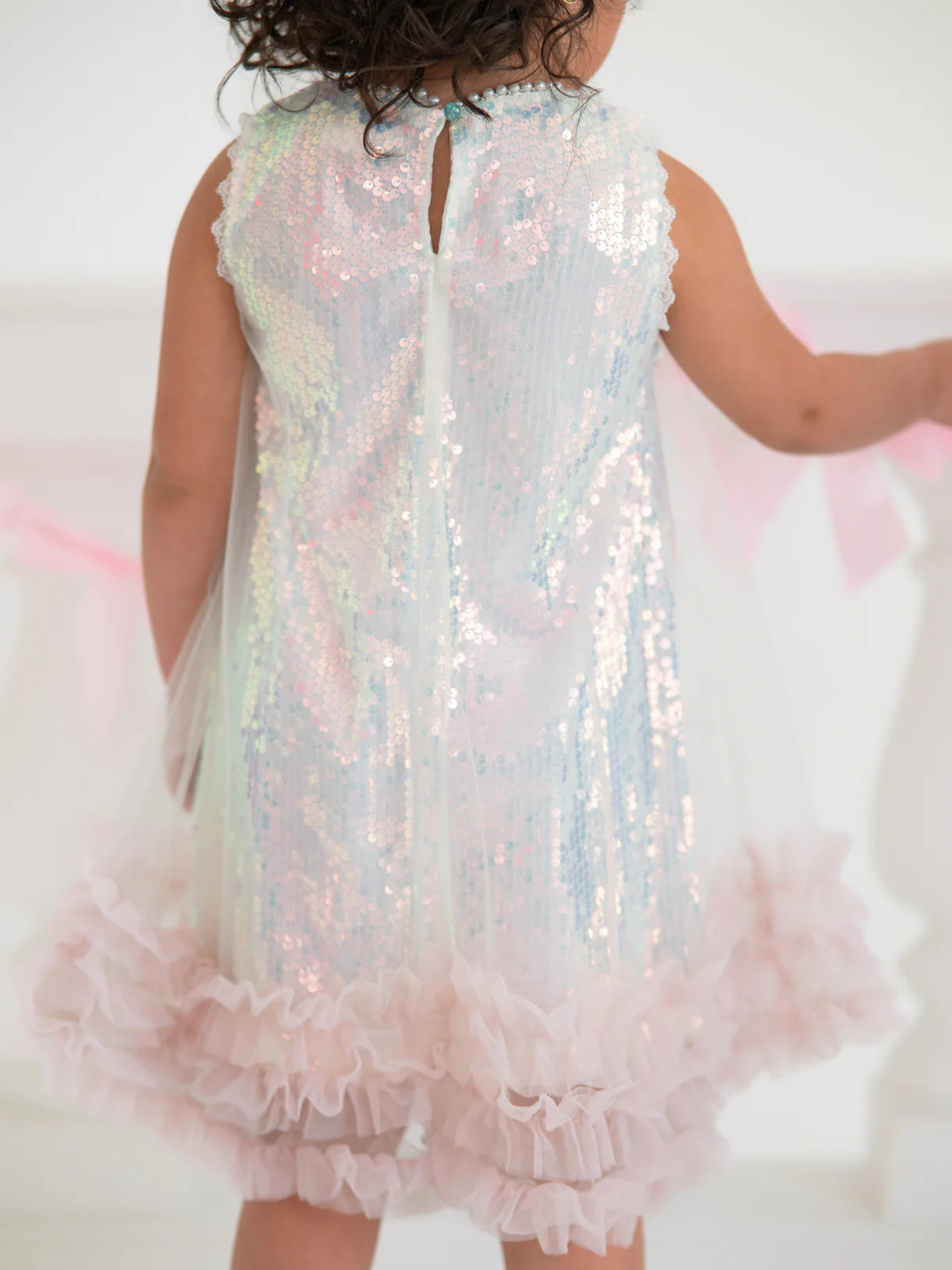 Iridescent Sequin Bow Ruffle Tulle Dress