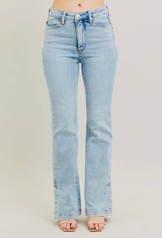 Judy Blue High Waist Tummy Control Vintage Wash Side Slit Hem Bootcut Denim - RTS