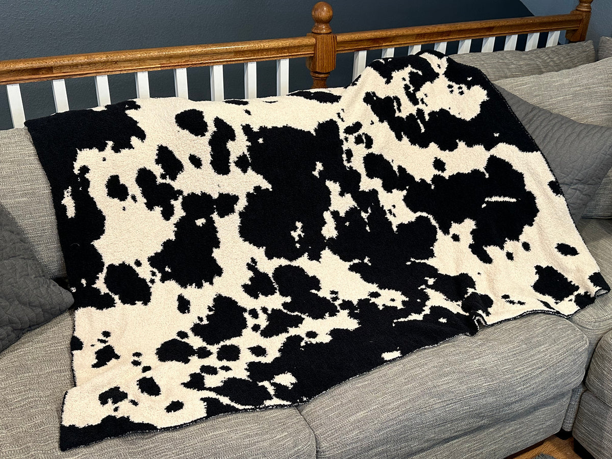 Western Reversible Throw Blanket - Black Cow Print