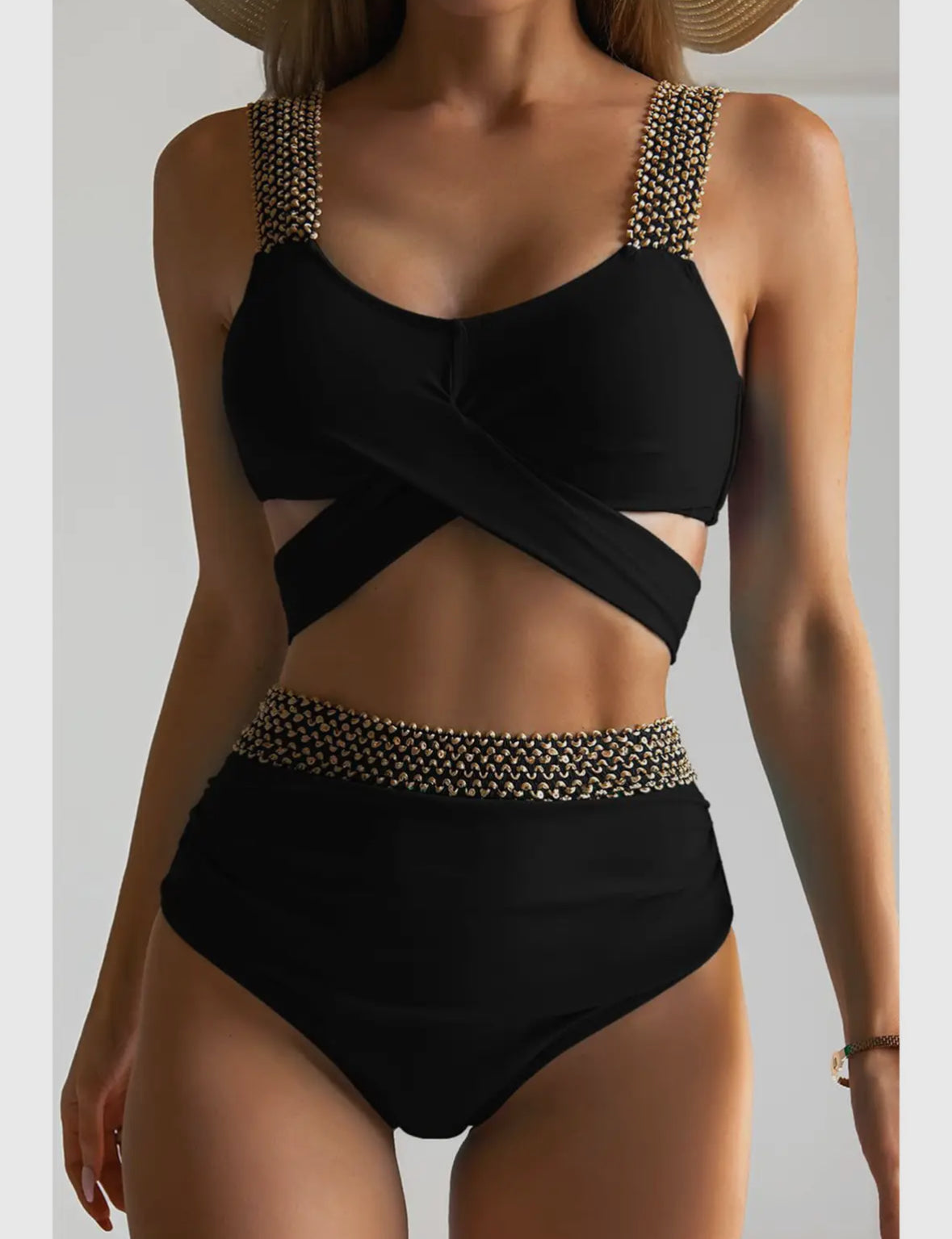 Black Crossover Tie Back High Waist Swim