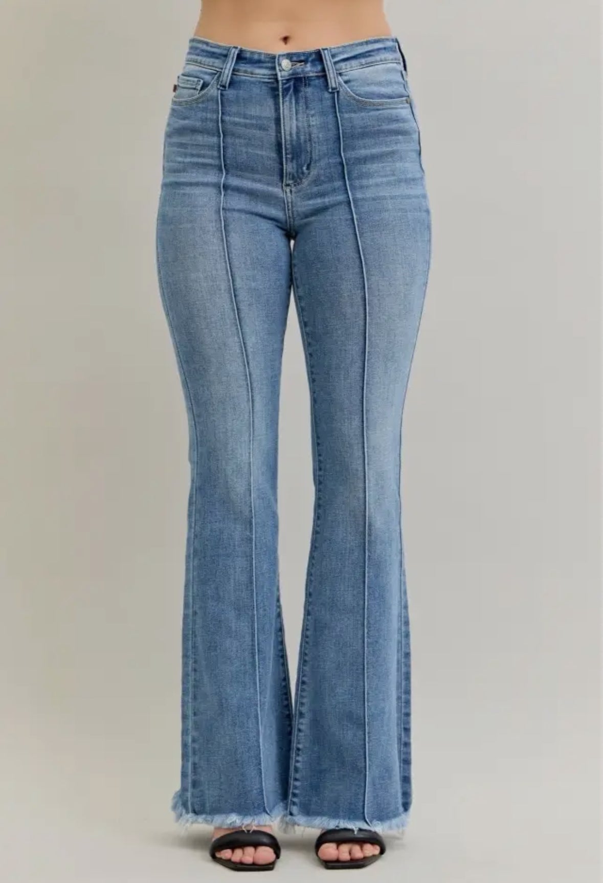 Judy Blue High Rise Flare Front Pintuck Detail & Fray Hem - RTS