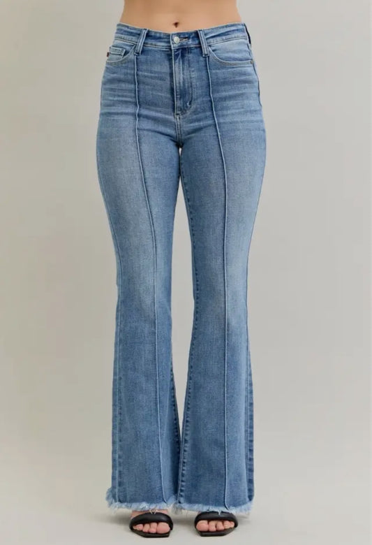 Judy Blue High Rise Flare Front Pintuck Detail & Fray Hem - RTS