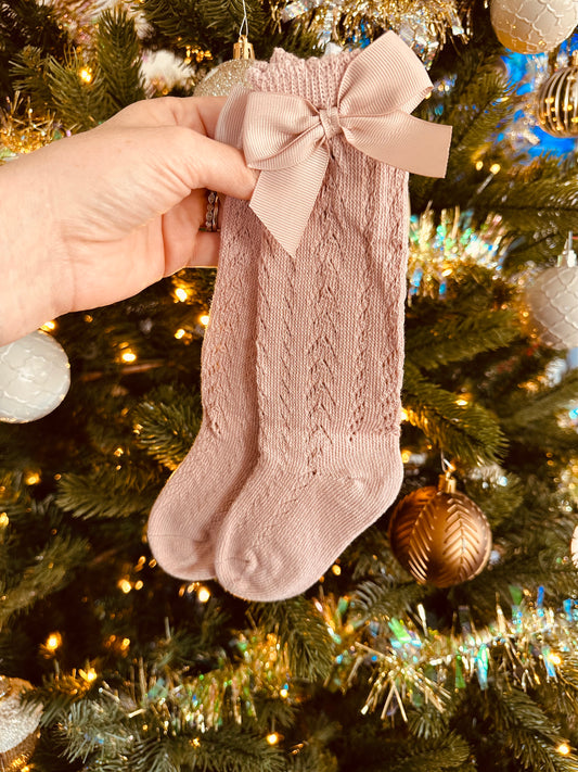 Knitted Knee High Bow Socks - Blush