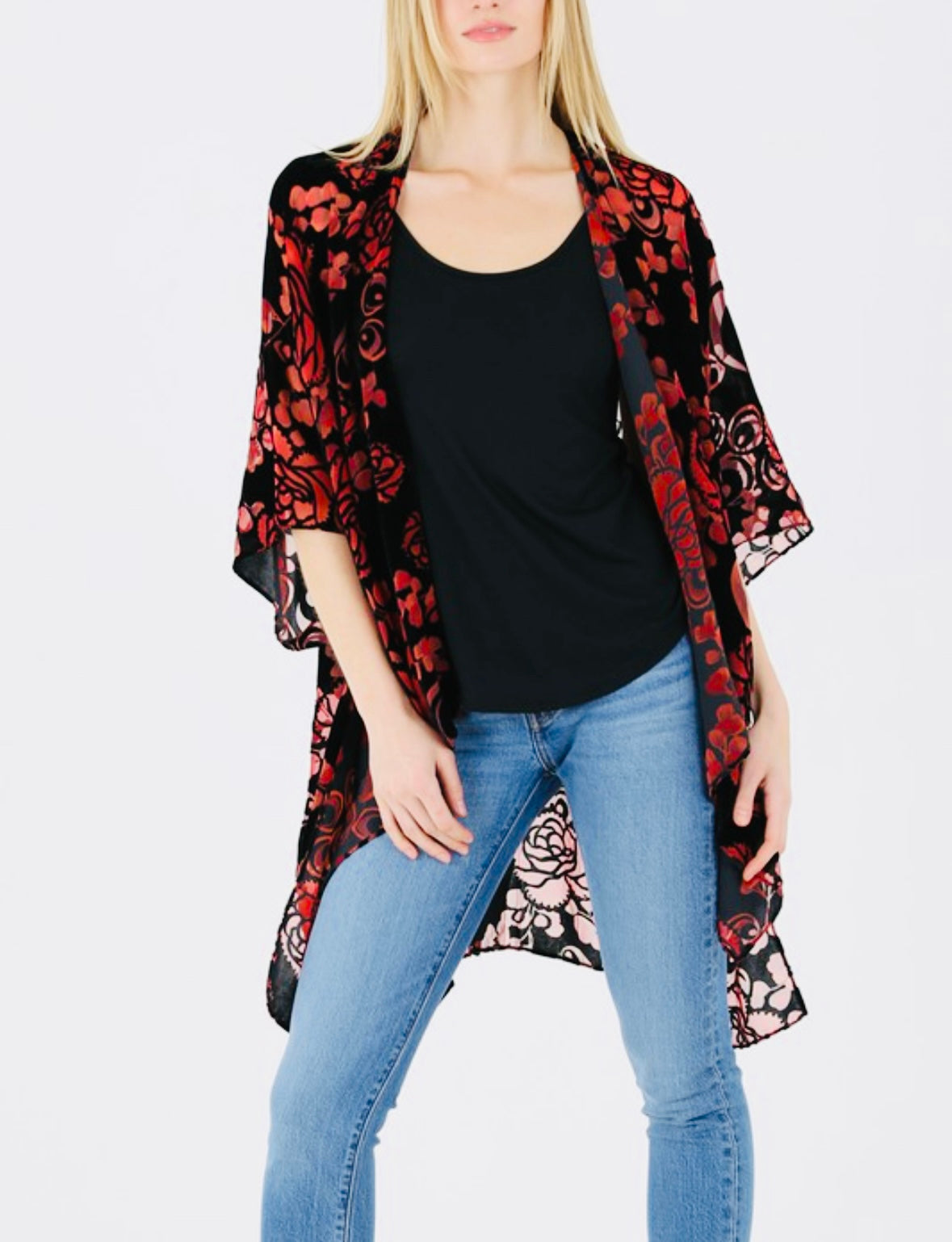 Black And Fall Velvet Lace Burnout Kimono / Duster - One Sizea