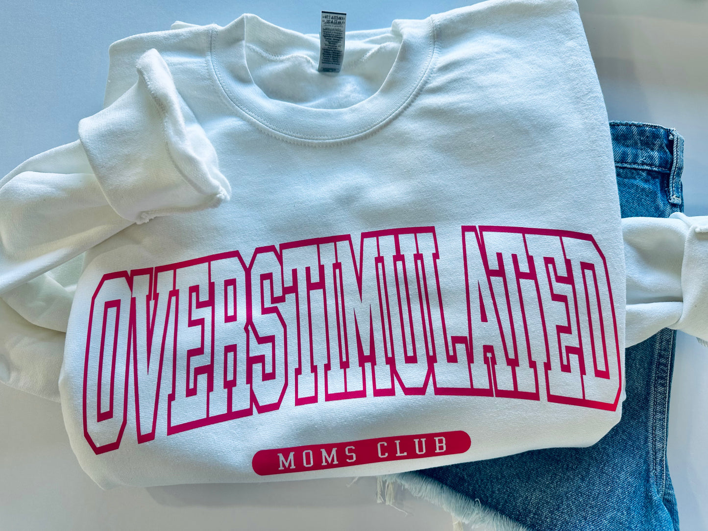 Overstimulated Mom’s Club Varsity Crew (Pink Ink) XL