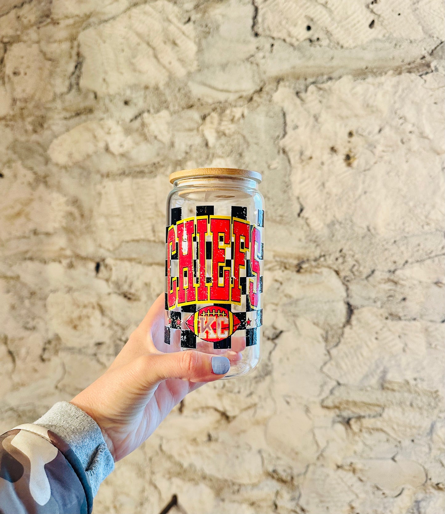 16 oz Chiefs Red + Black Checkered Glass Tumbler RTS