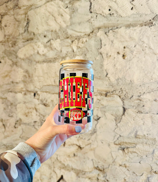 16 oz Chiefs Red + Black Checkered Glass Tumbler RTS