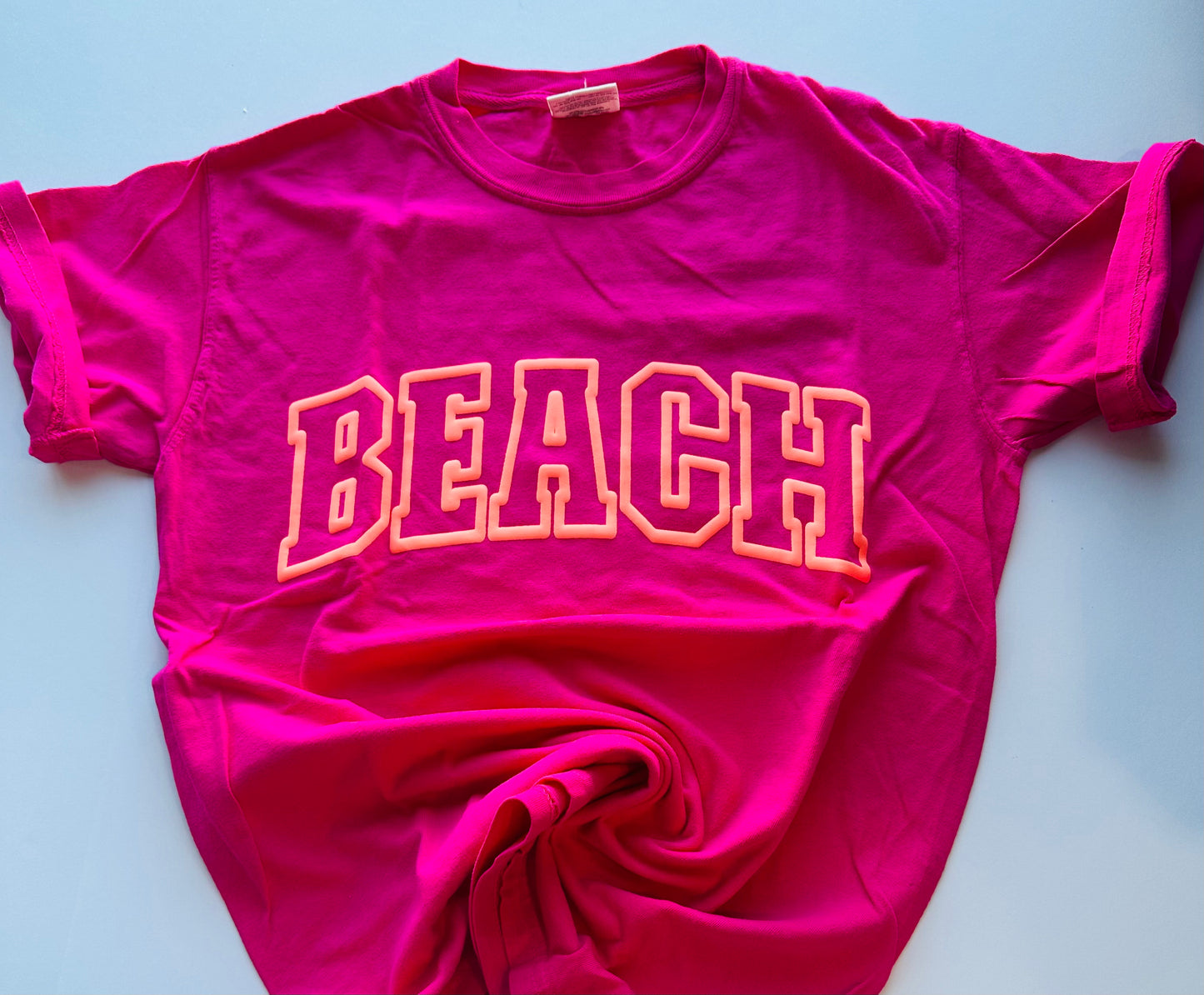 Neon Orange Puff Print BEACH on Bright Pink CC - Small