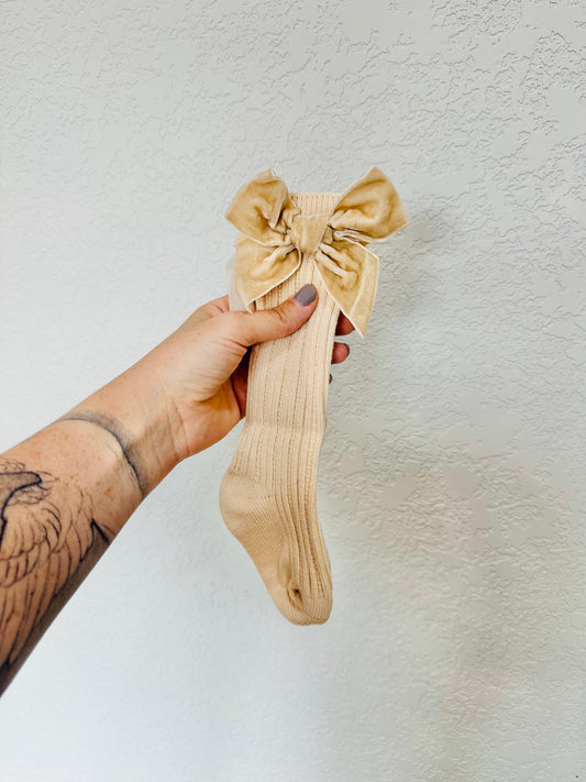Big Velvet Bow Knitted Knee High Socks - Cream