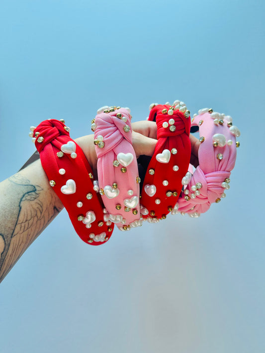 Heart Pearl + Bling Knotted Headband