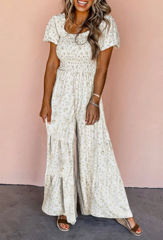 Sheila Smocked Boho Floral Wide Leg Jumpsuit